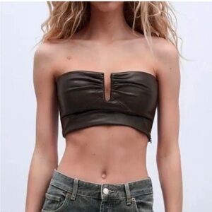 Zara Vegan Leather keyhole strapless bustier cropped brown top Sz.XS